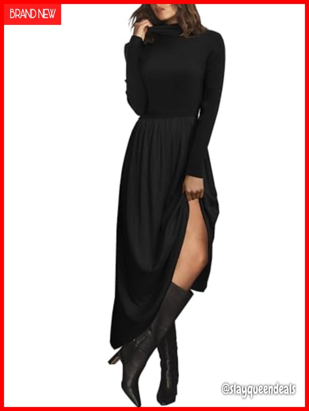 Ribbed Knit Mock Neck Long Sleeve Maxi Sweater Dress A-Line